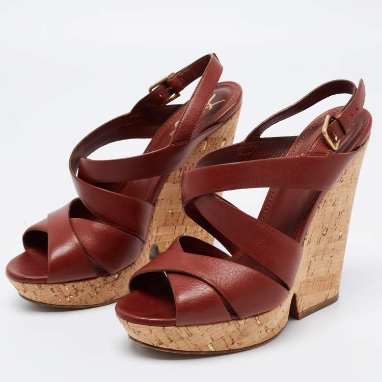 Pre Owned Yves Saint Laurent Brown Leather Strappy Sandals Size 40