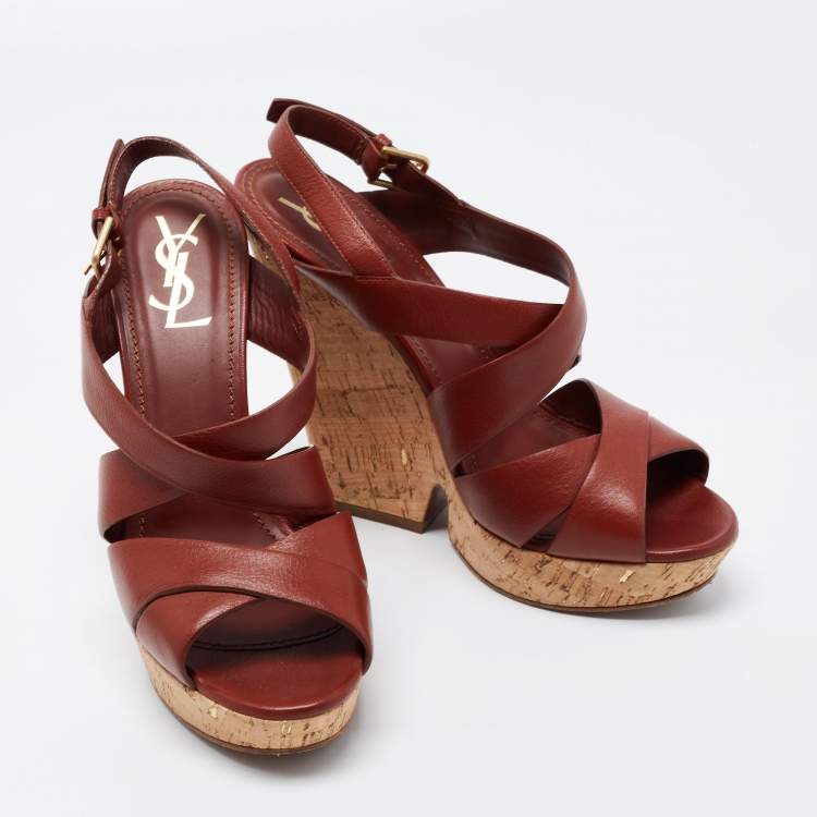 Pre Owned Yves Saint Laurent Brown Leather Strappy Sandals Size 40