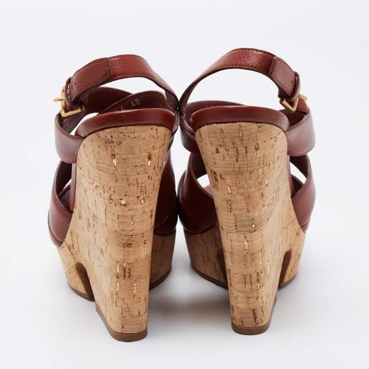 Pre Owned Yves Saint Laurent Brown Leather Strappy Sandals Size 40