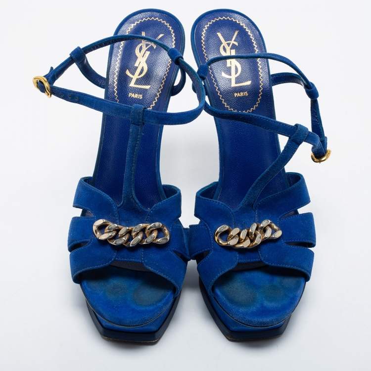 Pre Owned Yves Saint Laurent Navy Blue Suede Chain Detail Platform Sandals Size 39.5
