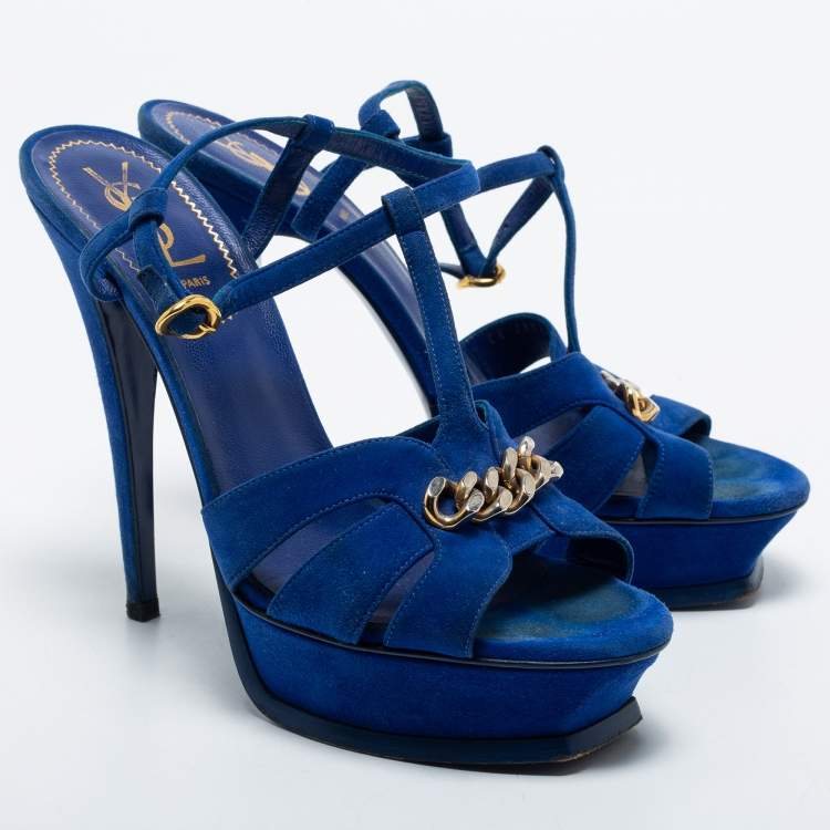 Pre Owned Yves Saint Laurent Navy Blue Suede Chain Detail Platform Sandals Size 39.5