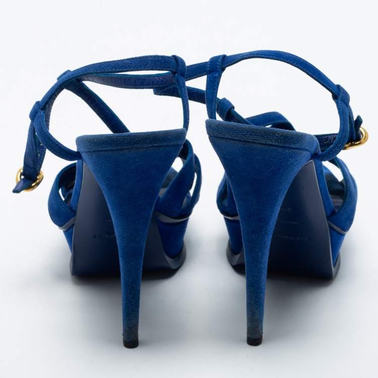 Pre Owned Yves Saint Laurent Navy Blue Suede Chain Detail Platform Sandals Size 39.5