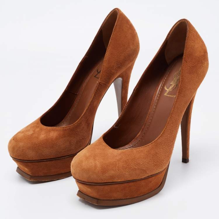 Pre Owned Yves Saint Laurent Brown Suede Tribtoo Platform Pumps Size 39