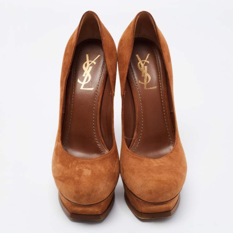 Pre Owned Yves Saint Laurent Brown Suede Tribtoo Platform Pumps Size 39