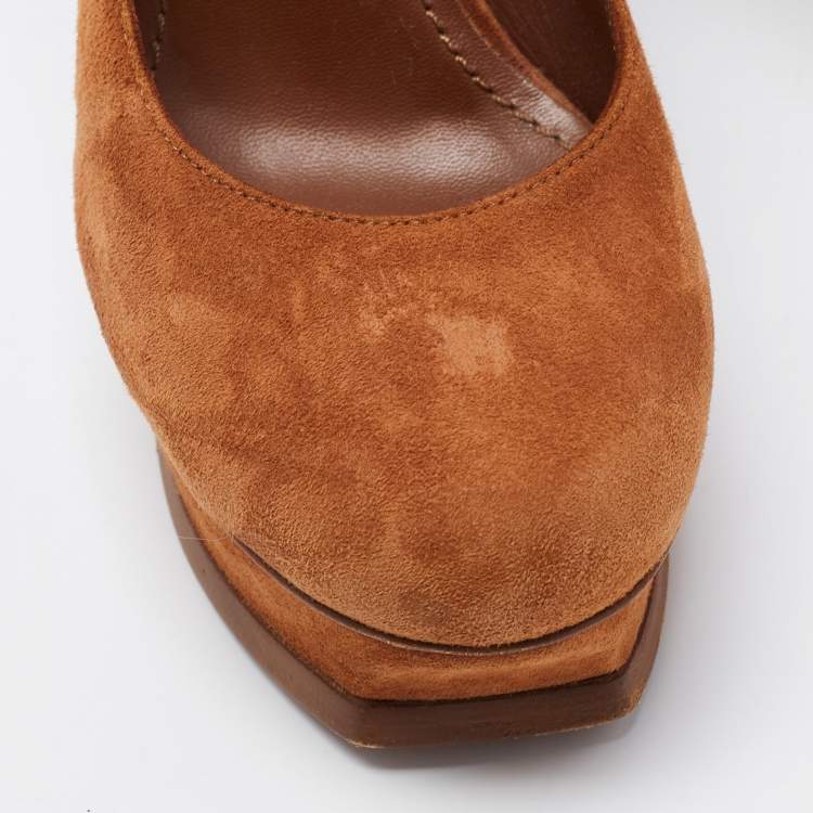 Pre Owned Yves Saint Laurent Brown Suede Tribtoo Platform Pumps Size 39