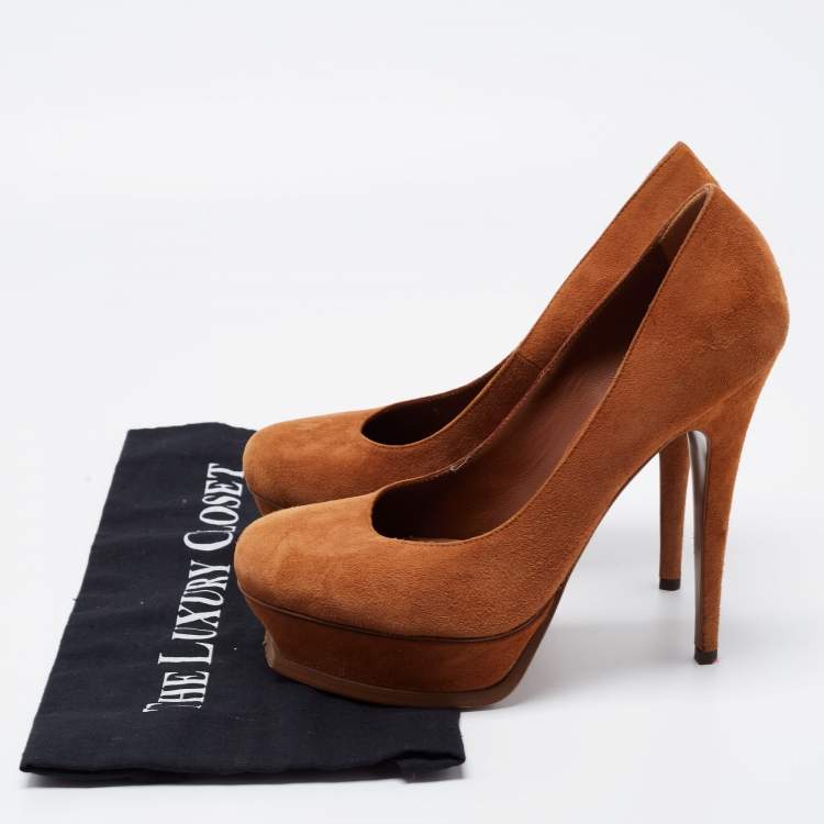 Pre Owned Yves Saint Laurent Brown Suede Tribtoo Platform Pumps Size 39