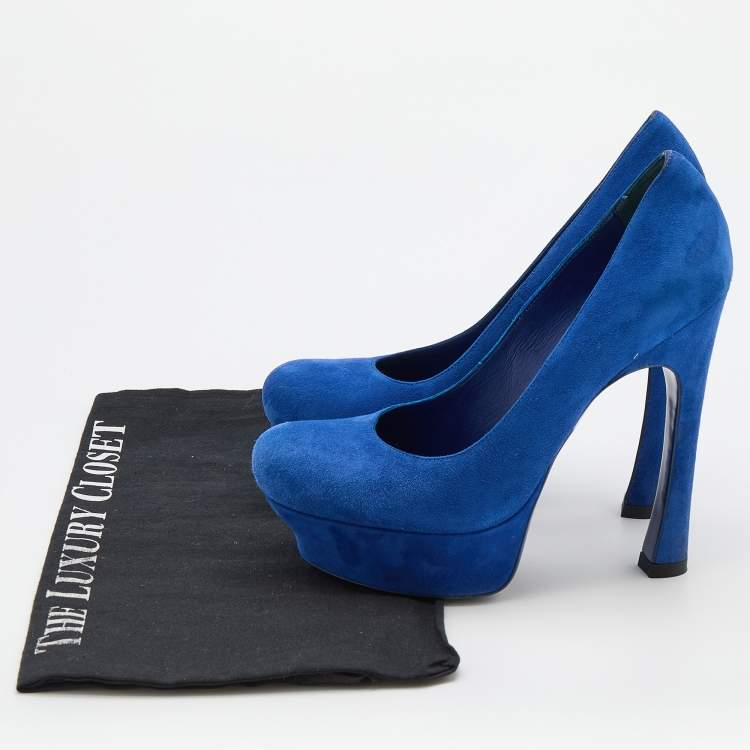Pre Owned Yves Saint Laurent Blue Suede Palais Platform Peep Toe Pumps Size 36.5