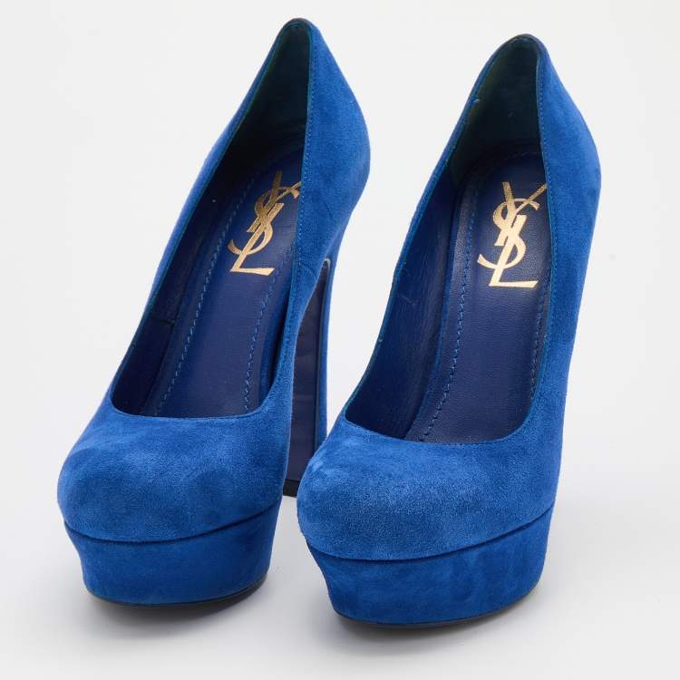 Pre Owned Yves Saint Laurent Blue Suede Palais Platform Peep Toe Pumps Size 36.5