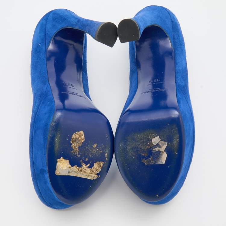 Pre Owned Yves Saint Laurent Blue Suede Palais Platform Peep Toe Pumps Size 36.5