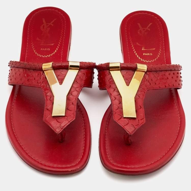 Pre Owned Yves Saint Laurent Red Python Leather Thong Flats Size 37