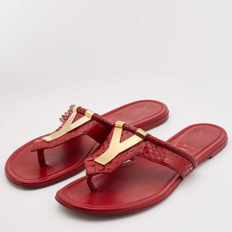 Pre Owned Yves Saint Laurent Red Python Leather Thong Flats Size 37