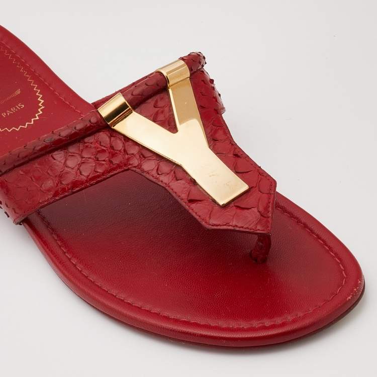 Pre Owned Yves Saint Laurent Red Python Leather Thong Flats Size 37