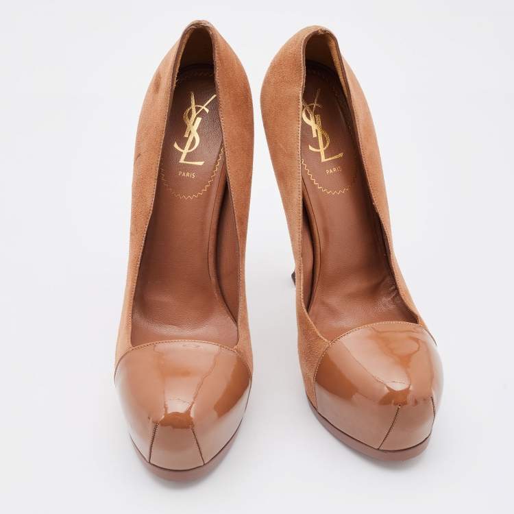 Pre Owned Yves Saint Laurent Brown Suede And Patent Leather Cap Toe Tribtoo Platform Pumps Size 39.5