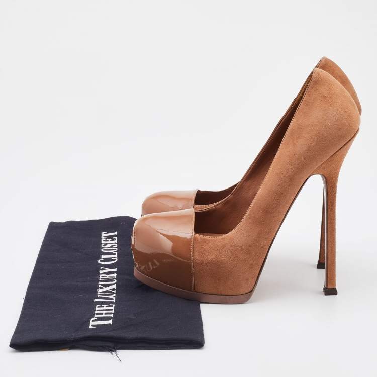 Pre Owned Yves Saint Laurent Brown Suede And Patent Leather Cap Toe Tribtoo Platform Pumps Size 39.5