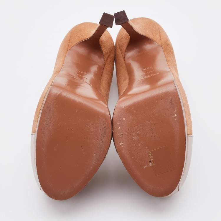 Pre Owned Yves Saint Laurent Brown Suede And Patent Leather Cap Toe Tribtoo Platform Pumps Size 39.5