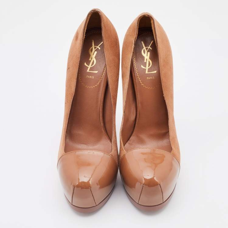 Pre Owned Yves Saint Laurent Brown Suede And Patent Leather Cap Toe Tribtoo Platform Pumps Size 39.5