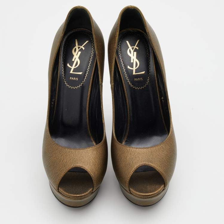 Pre Owned Yves Saint Laurent Brown Leather Palais Platform Peep Toe Pumps Size 36.5