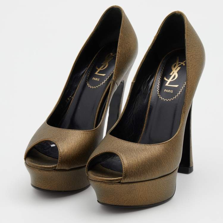 Pre Owned Yves Saint Laurent Brown Leather Palais Platform Peep Toe Pumps Size 36.5