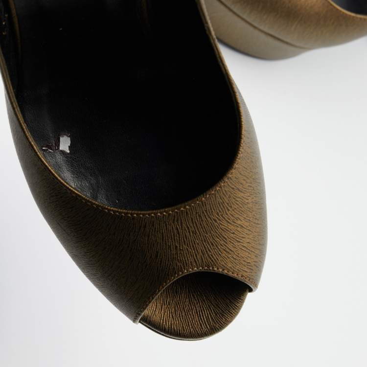 Pre Owned Yves Saint Laurent Brown Leather Palais Platform Peep Toe Pumps Size 36.5