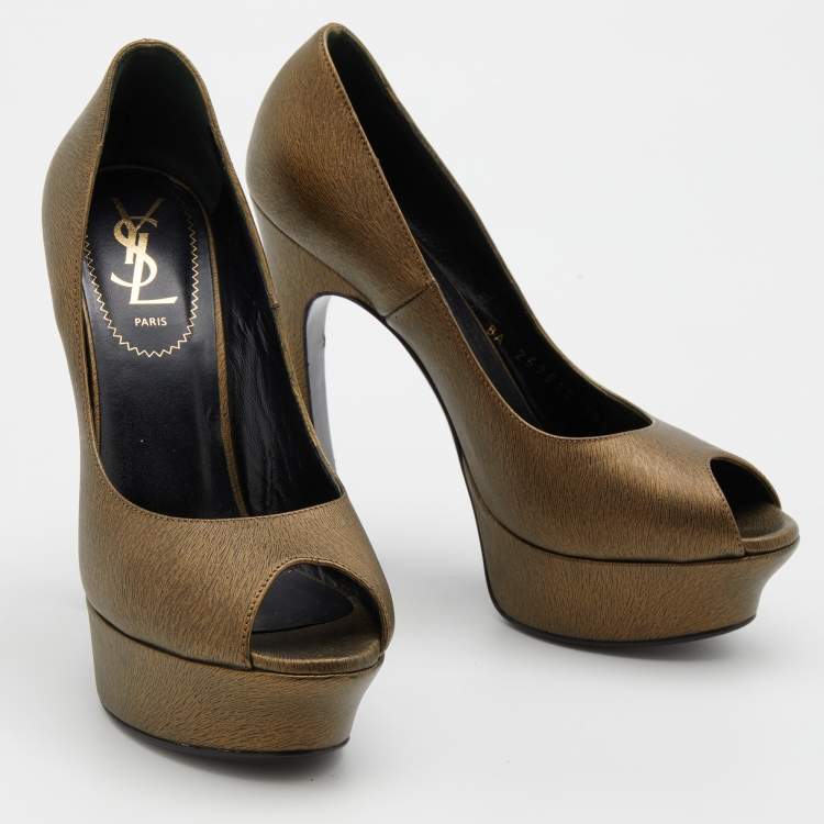 Pre Owned Yves Saint Laurent Brown Leather Palais Platform Peep Toe Pumps Size 36.5
