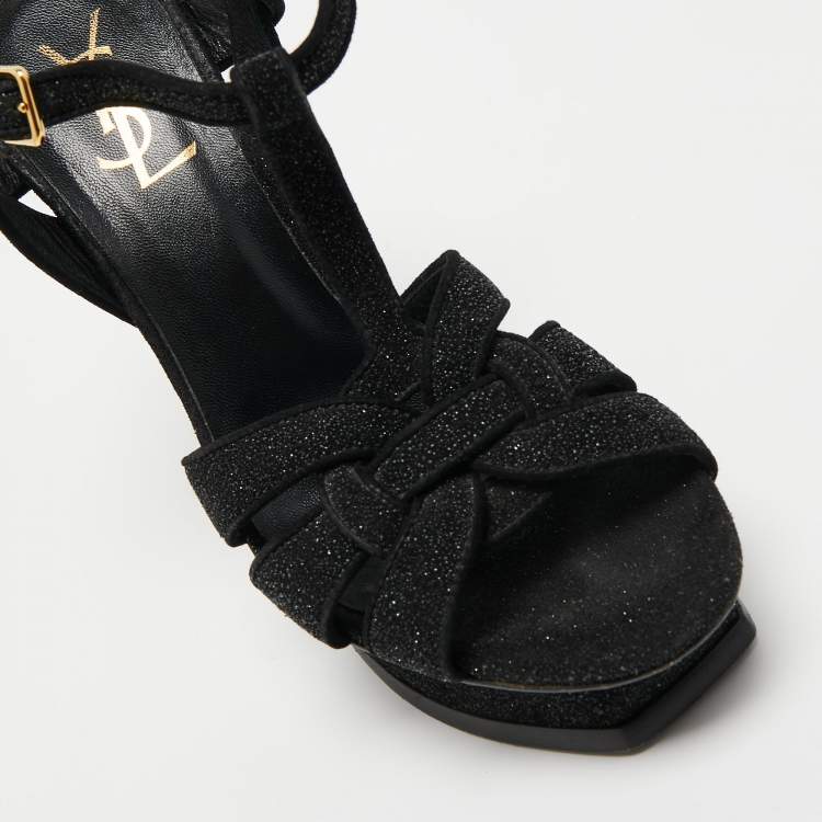 Pre Owned Yves Saint Laurent Black Glitter Suede Tribute Sandals Size 37.5