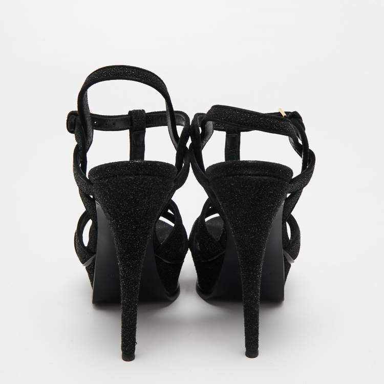 Pre Owned Yves Saint Laurent Black Glitter Suede Tribute Sandals Size 37.5