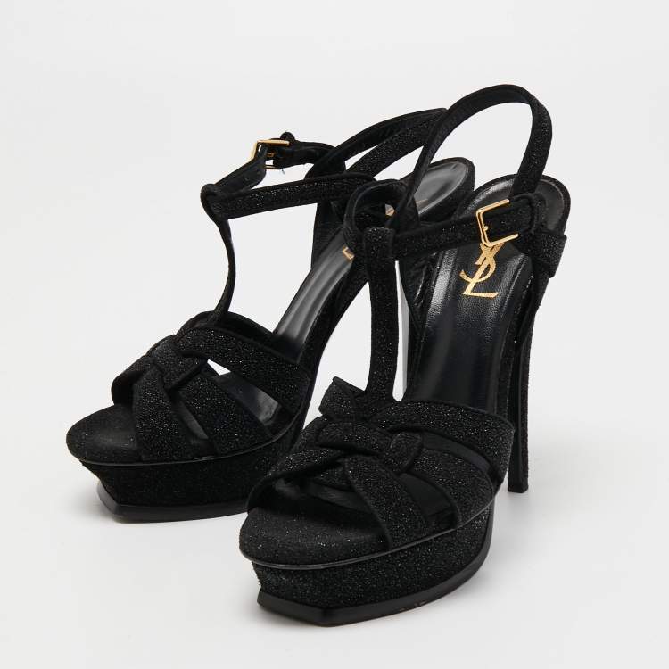 Pre Owned Yves Saint Laurent Black Glitter Suede Tribute Sandals Size 37.5