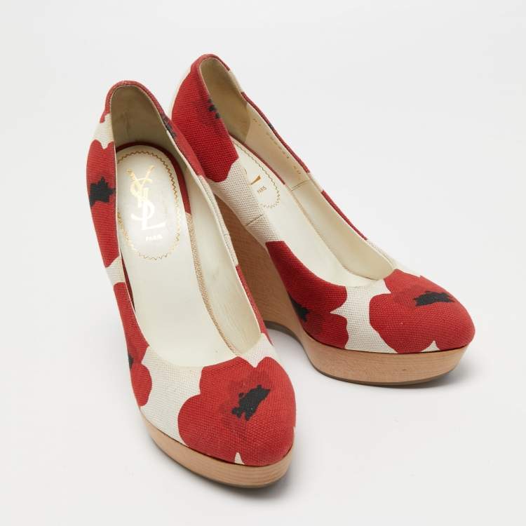 Pre Owned Yves Saint Laurent Red/White Flower Print Canvas Wedge Pumps Size 40