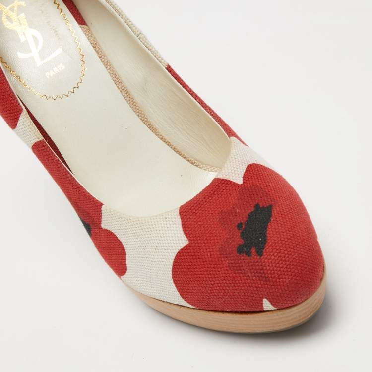 Pre Owned Yves Saint Laurent Red/White Flower Print Canvas Wedge Pumps Size 40