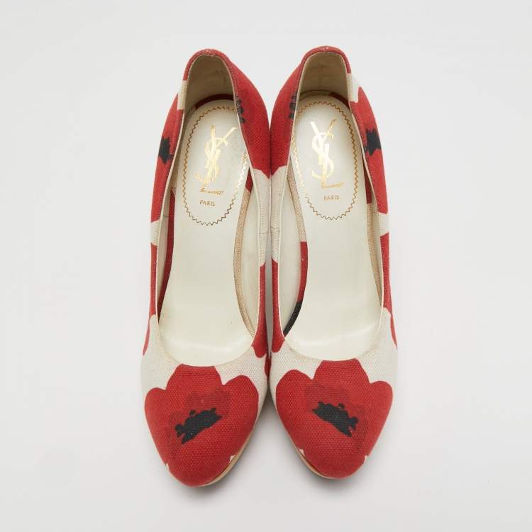 Pre Owned Yves Saint Laurent Red/White Flower Print Canvas Wedge Pumps Size 40
