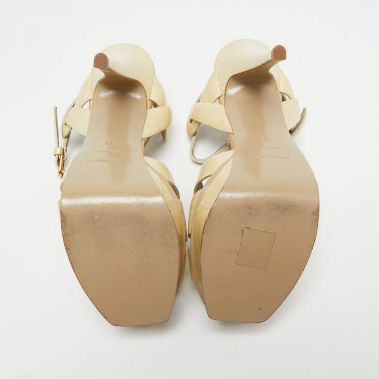 Pre Owned Yves Saint Laurent Light Yellow Textured Patent Leather Tribute Sandals Size 39