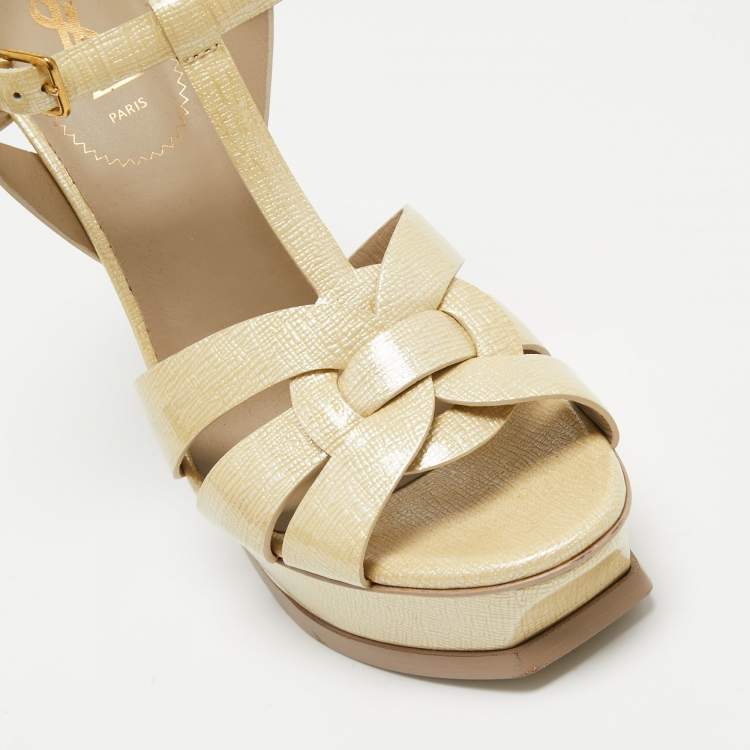 Pre Owned Yves Saint Laurent Light Yellow Textured Patent Leather Tribute Sandals Size 39