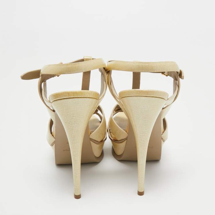 Pre Owned Yves Saint Laurent Light Yellow Textured Patent Leather Tribute Sandals Size 39