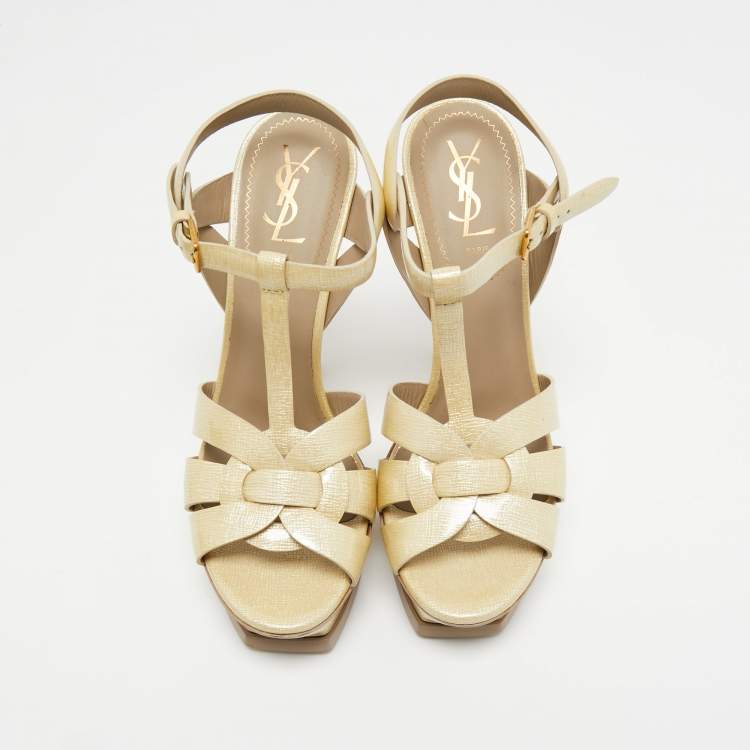 Pre Owned Yves Saint Laurent Light Yellow Textured Patent Leather Tribute Sandals Size 39