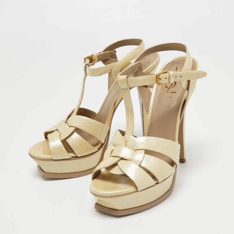 Pre Owned Yves Saint Laurent Light Yellow Textured Patent Leather Tribute Sandals Size 39