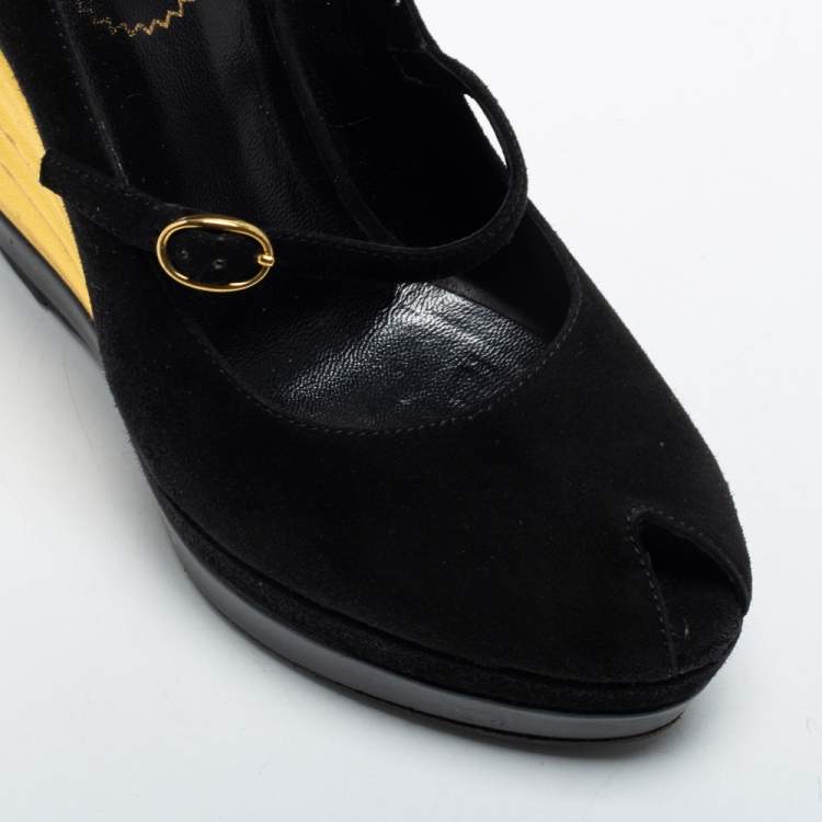 Pre Owned Yves Saint Laurent Black Suede Robyn Wedge Pumps Size 36