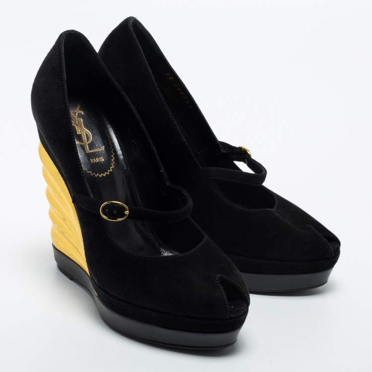 Pre Owned Yves Saint Laurent Black Suede Robyn Wedge Pumps Size 36