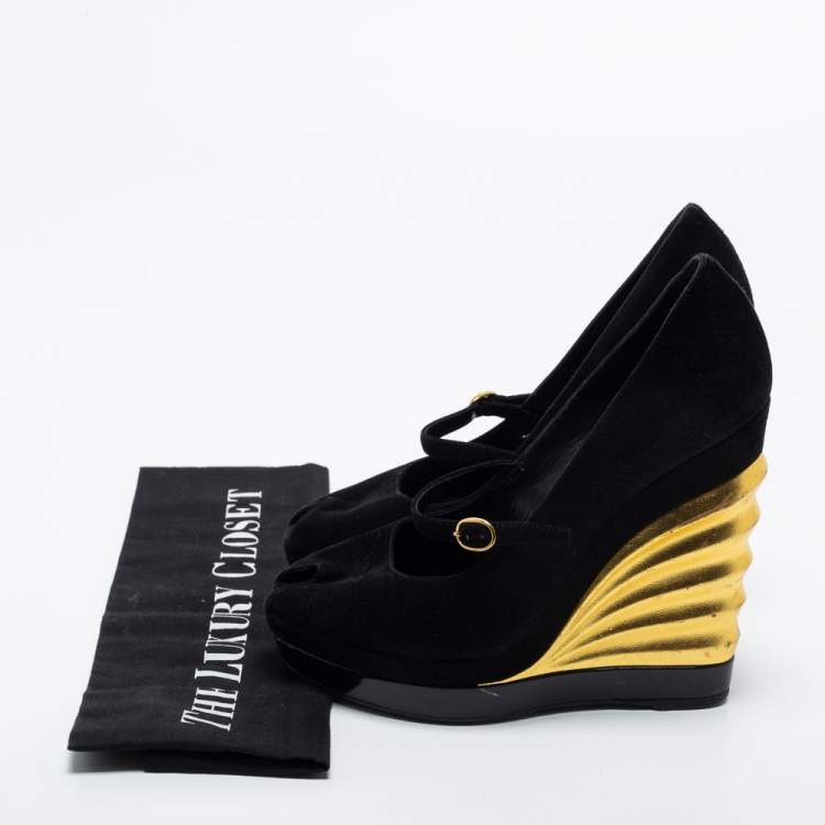 Pre Owned Yves Saint Laurent Black Suede Robyn Wedge Pumps Size 36