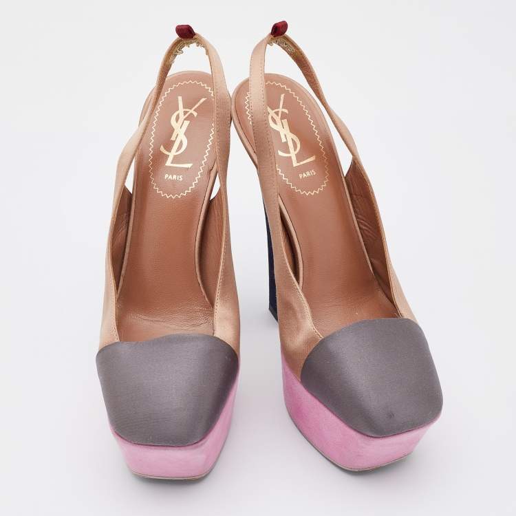 Pre Owned Yves Saint Laurent Brown/Grey Satin Obsession Platform Slingback Pumps Size 37