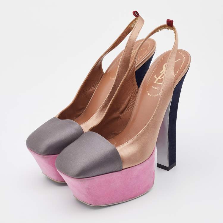 Pre Owned Yves Saint Laurent Brown/Grey Satin Obsession Platform Slingback Pumps Size 37