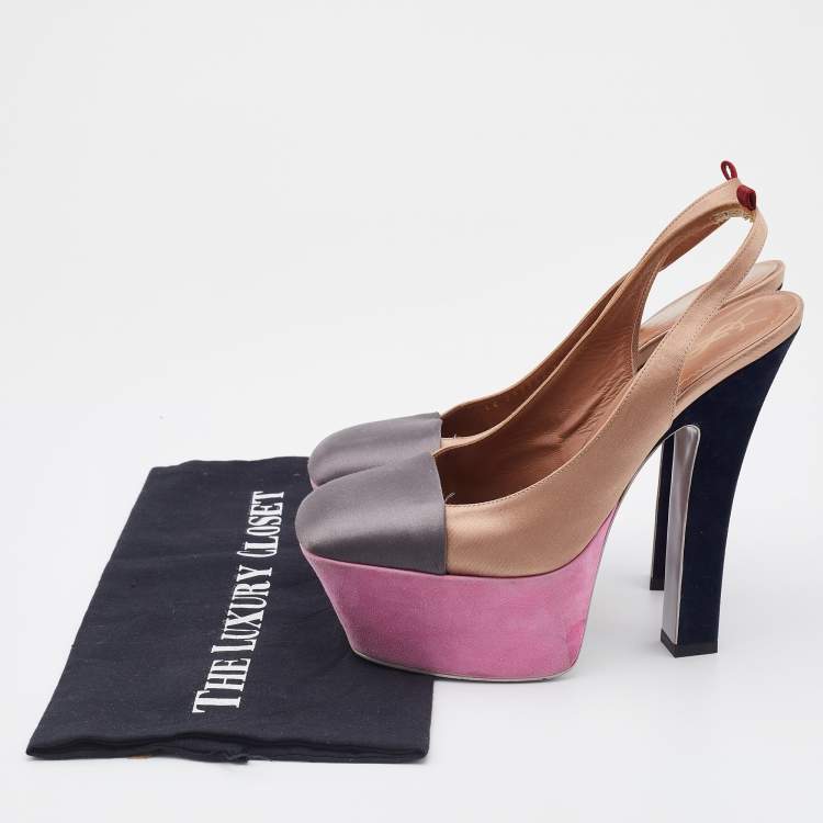 Pre Owned Yves Saint Laurent Brown/Grey Satin Obsession Platform Slingback Pumps Size 37