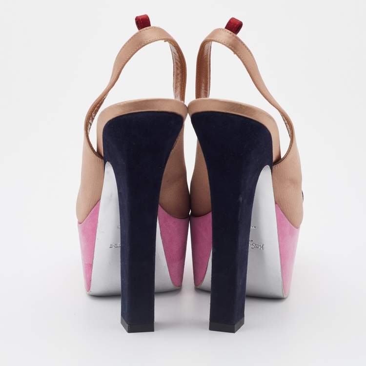 Pre Owned Yves Saint Laurent Brown/Grey Satin Obsession Platform Slingback Pumps Size 37
