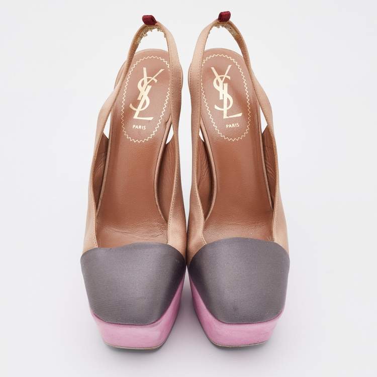 Pre Owned Yves Saint Laurent Brown/Grey Satin Obsession Platform Slingback Pumps Size 37