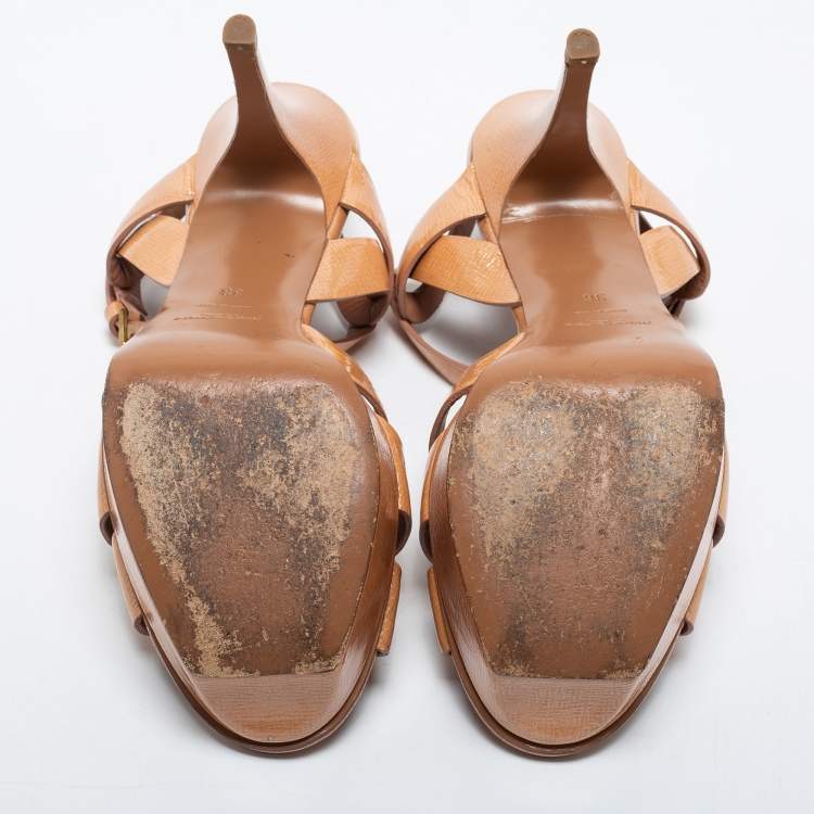 Pre Owned Yves Saint Laurent Beige Patent Leather Tribute Platform Sandals Size 38