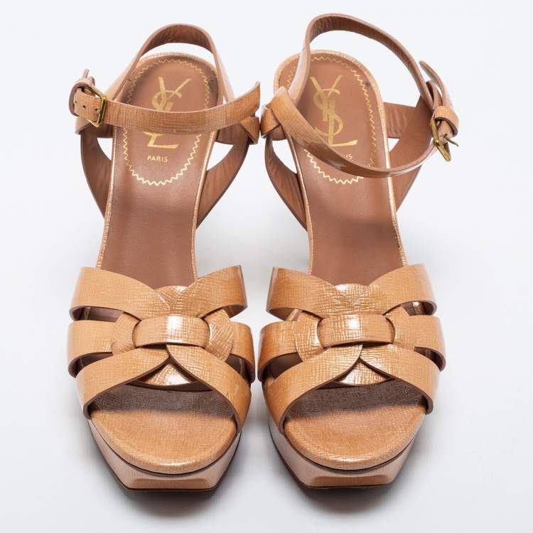 Pre Owned Yves Saint Laurent Beige Patent Leather Tribute Platform Sandals Size 38