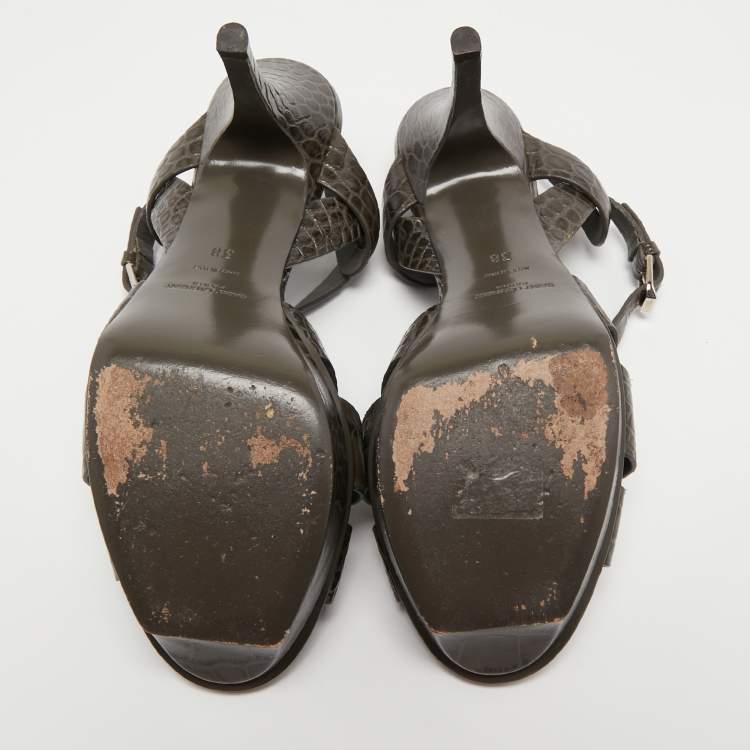 Pre Owned Yves Saint Laurent Dark Green Croc Embossed  Leather Tribute  Sandals Size 38