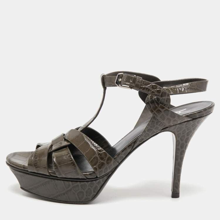 Pre Owned Yves Saint Laurent Dark Green Croc Embossed  Leather Tribute  Sandals Size 38