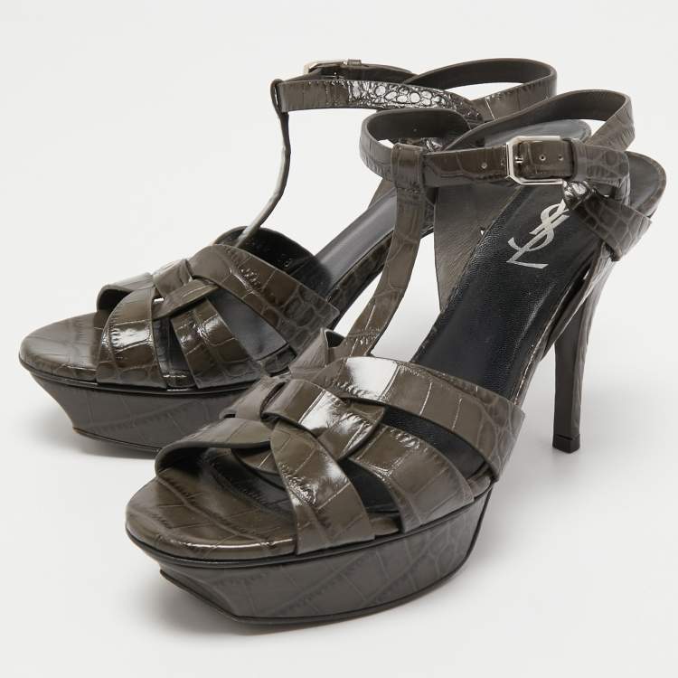 Pre Owned Yves Saint Laurent Dark Green Croc Embossed  Leather Tribute  Sandals Size 38