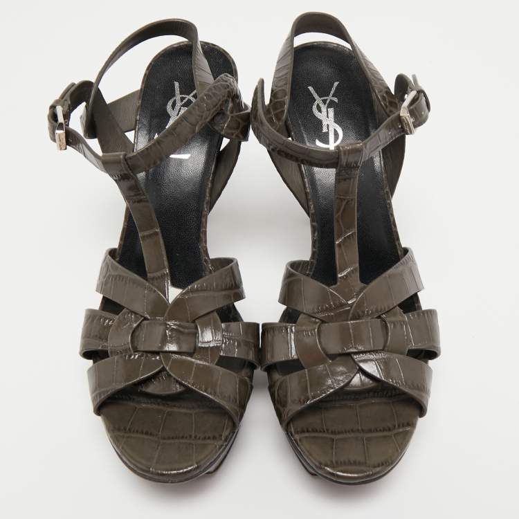 Pre Owned Yves Saint Laurent Dark Green Croc Embossed  Leather Tribute  Sandals Size 38