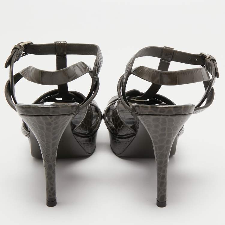 Pre Owned Yves Saint Laurent Dark Green Croc Embossed  Leather Tribute  Sandals Size 38